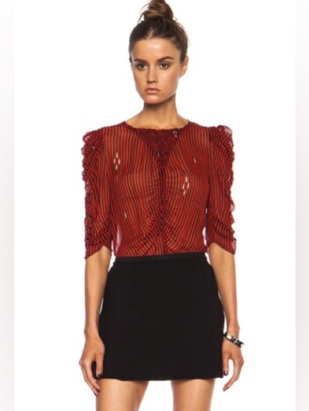 Isabel Marant Etoile Ruched Blouse Caja Red Striped Chiffon Short Sleeve